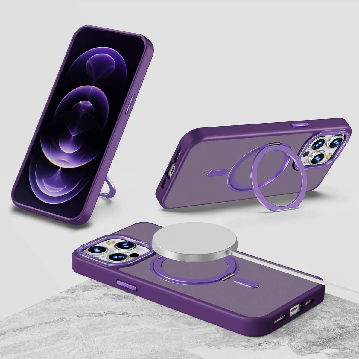 Frosted skin feel magnetic phone case for iPhone 14 Pro in black with metal buttons and photo frame