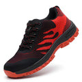 Red steel toe protective shoes with mesh upper for breathable summer workwear