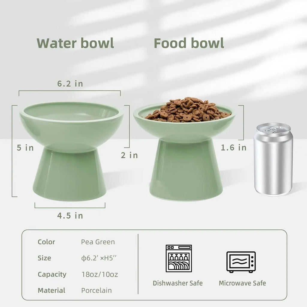 Ceramic elevated cat food bowl in blue colour with wide shallow design