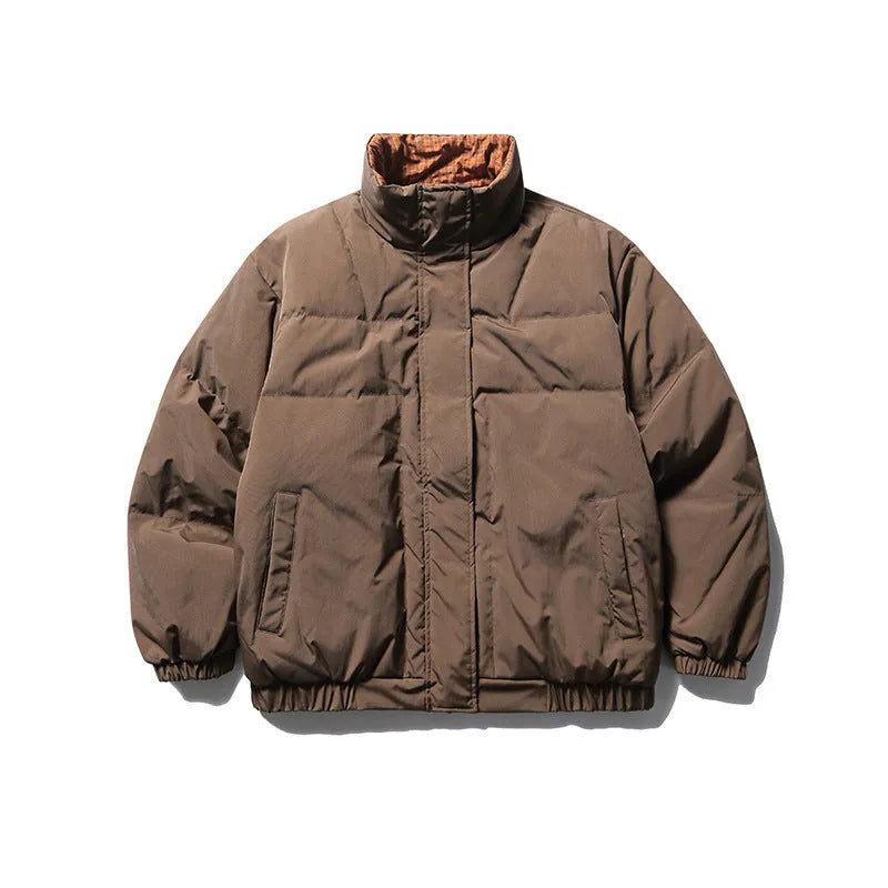 Men's reversible plaid down jacket in brown with stand-up collar and hood, medium length 65cm