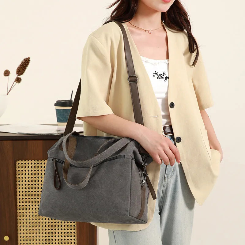 Horizontal square retro canvas bag for women in gray, black, brown, or khaki with internal organisation pockets