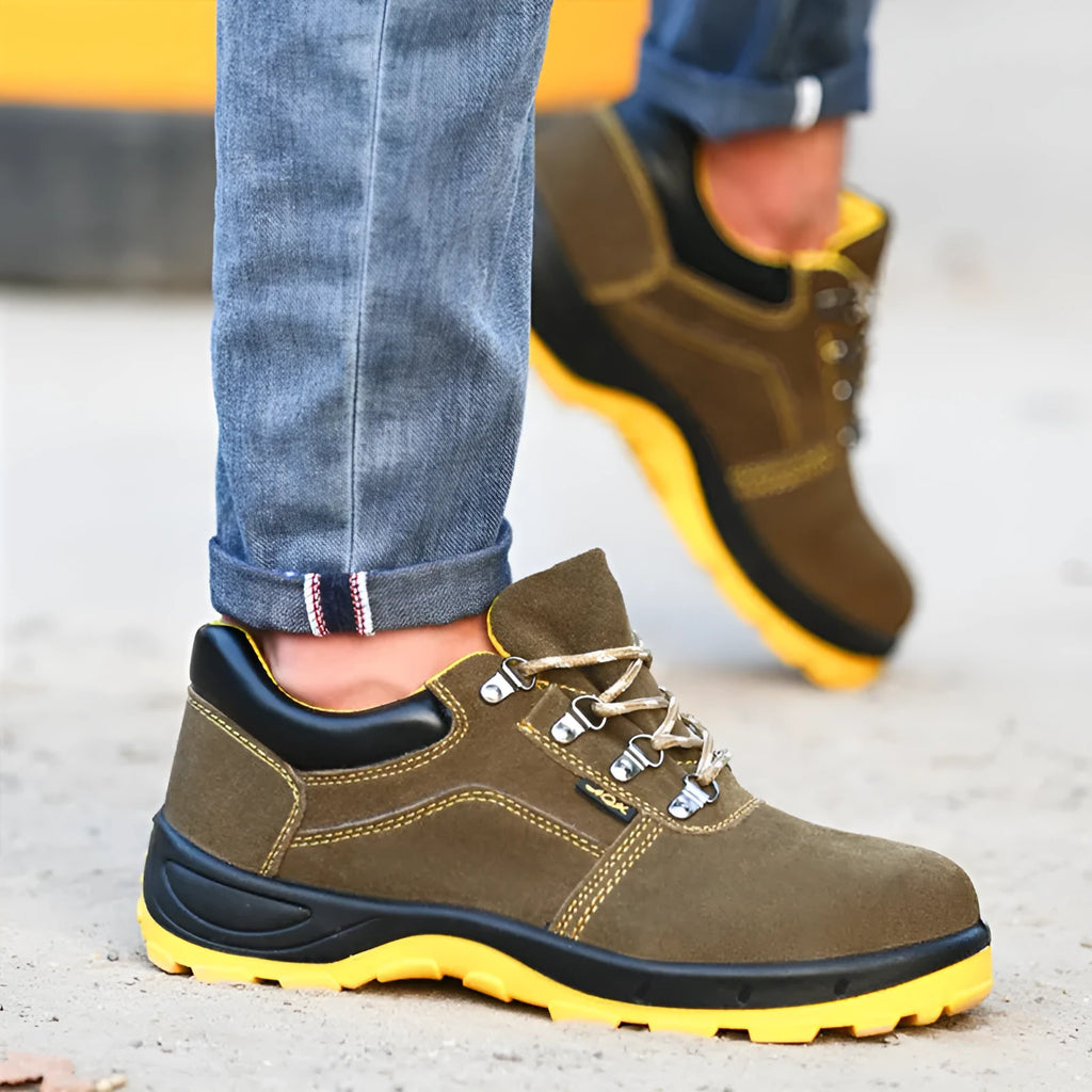 Bronze coloured men's low-cut safety boots with cow suede upper and steel toe cap on anti-slip sole