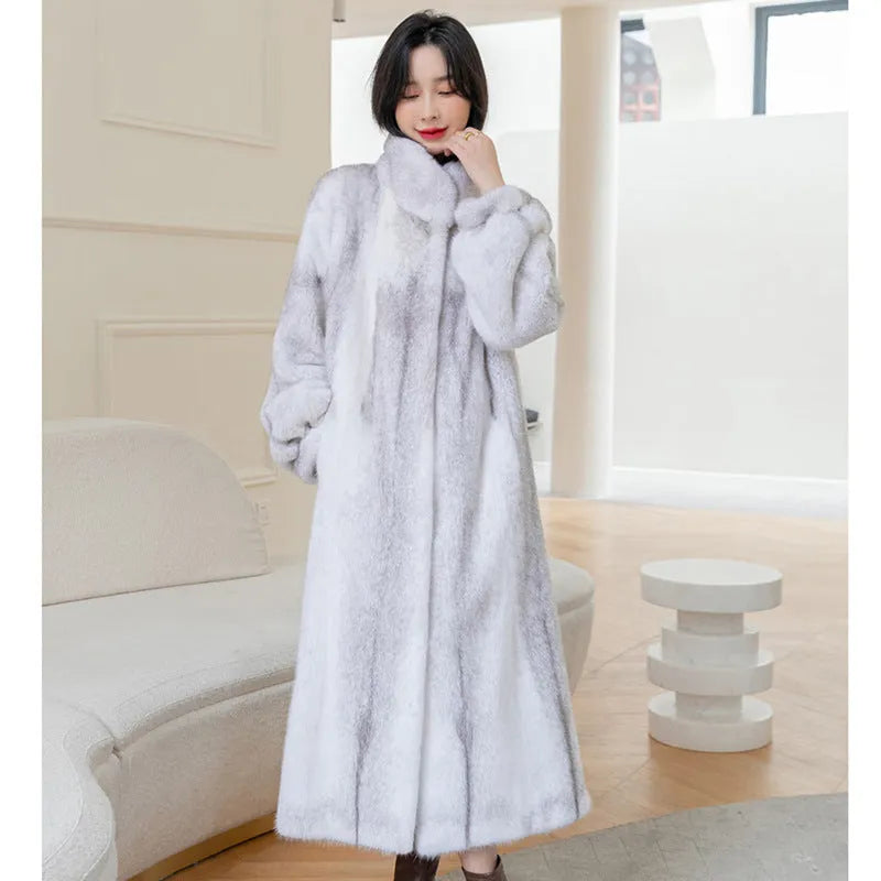 Women's long white faux fur coat with stand-up collar showing front view