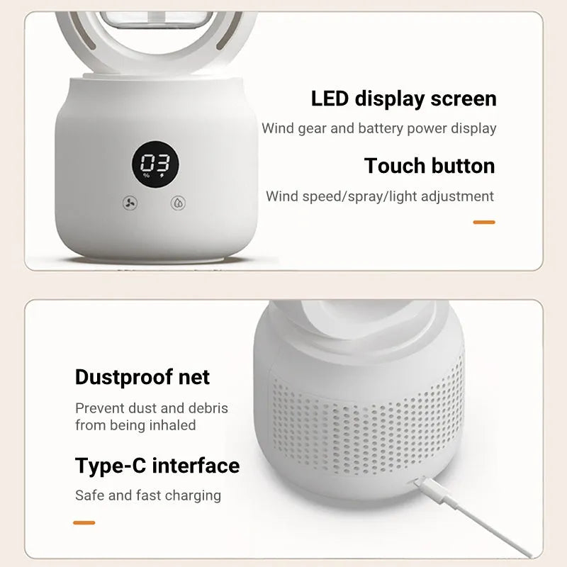 White bladeless table fan with water tank humidifier and digital control panel.