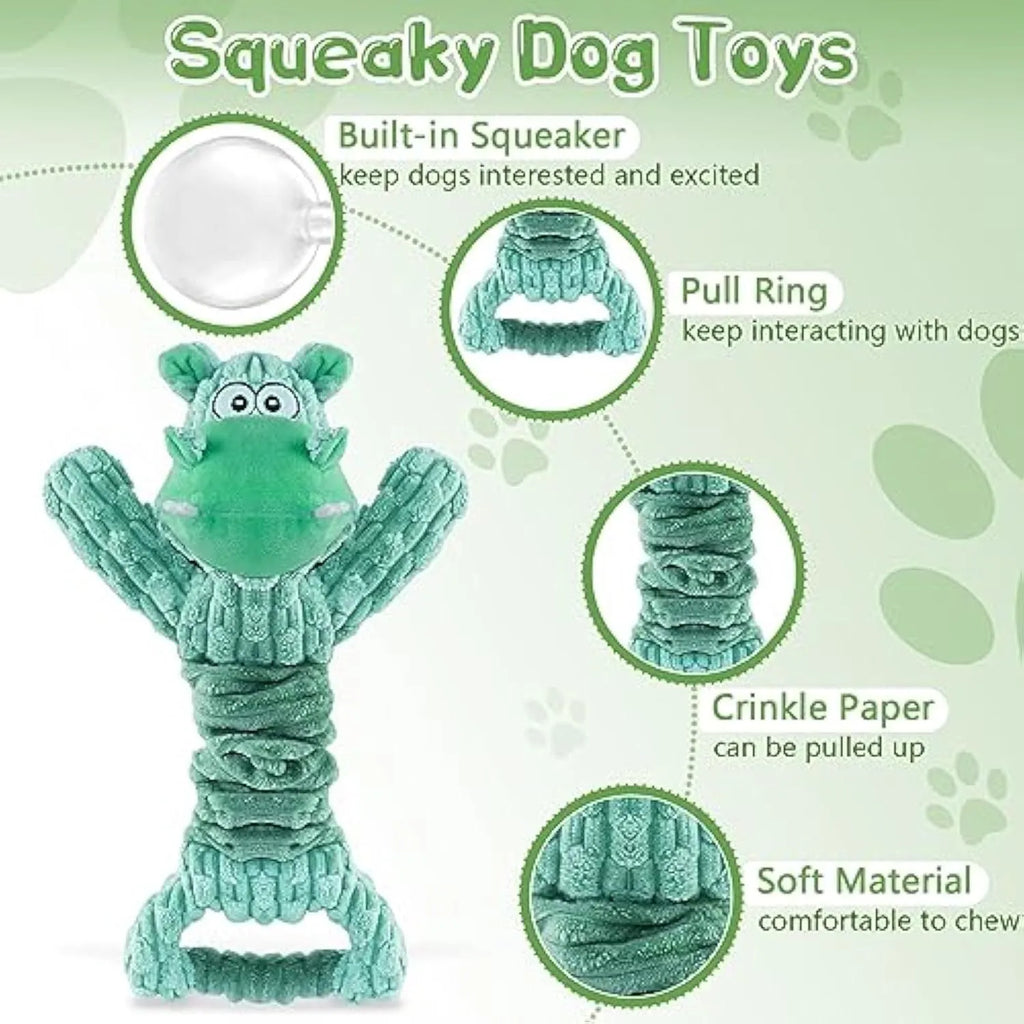 Large plush dog toy with tug handle in hippo or monkey design for interactive play
