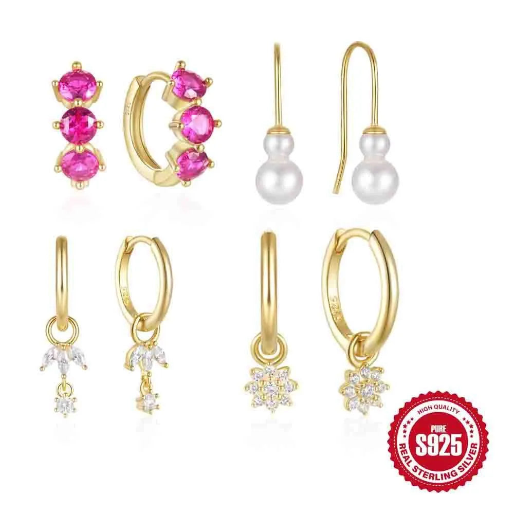 S925 sterling silver earrings with sunflower geometric design and golden-three diamonds colour