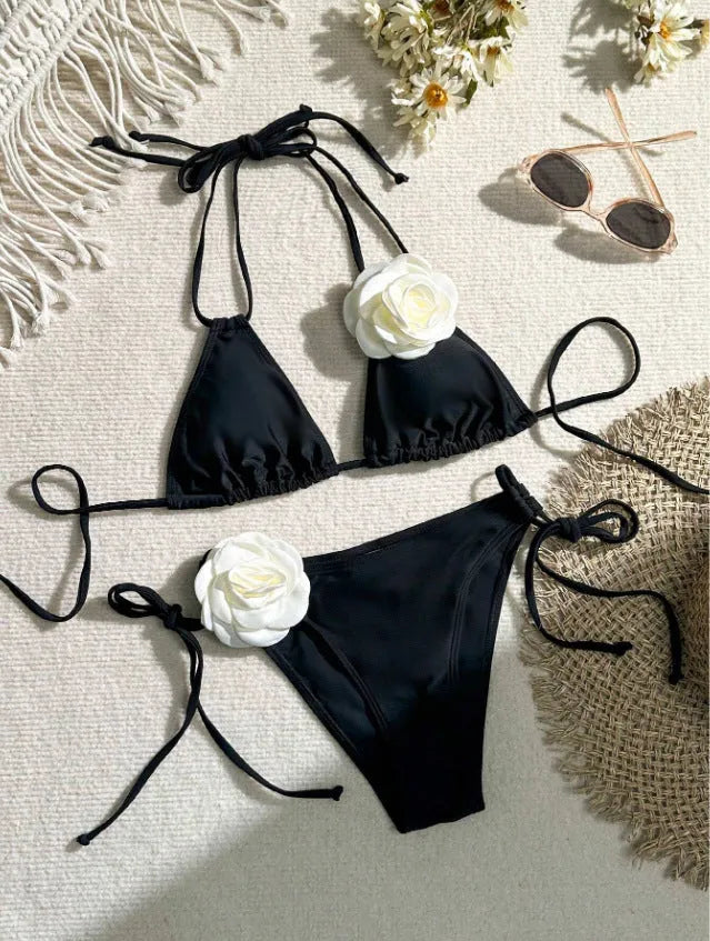 Black 3D flower drawstring lace split bikini set on a mannequin.