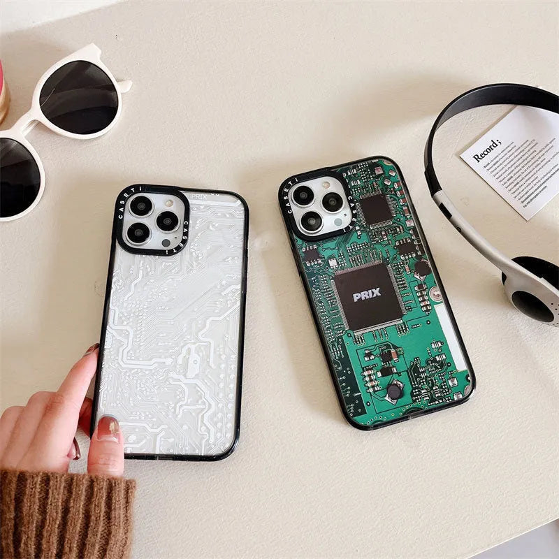 Circuit board iPhone case with engraved acrylic side panel, hard PC shell, IC board colour