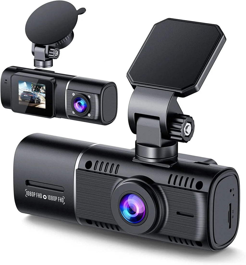 Standard black car dashcam with 1.5-inch screen for front and rear recording.
