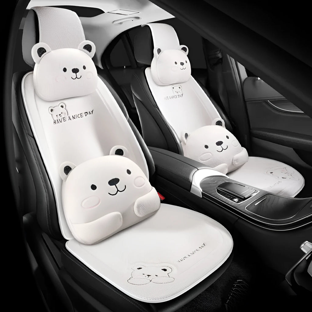 Car seat cushion set with linen cover in Pearl White, showing separate lumbar support pillow and headrest.