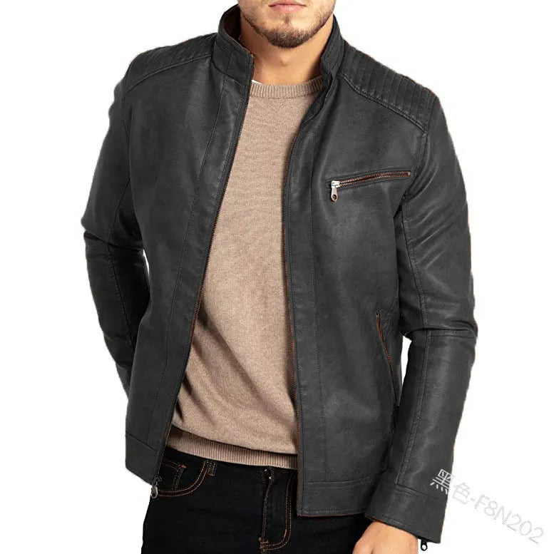 Men's brown punk style artificial leather motorcycle jacket with stand collar.