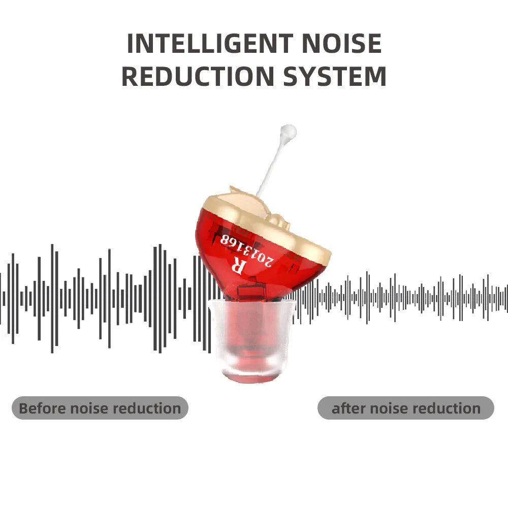 Q10 CIC hearing aid with red and blue colour options, measuring 1.8cm with included earphones and accessories