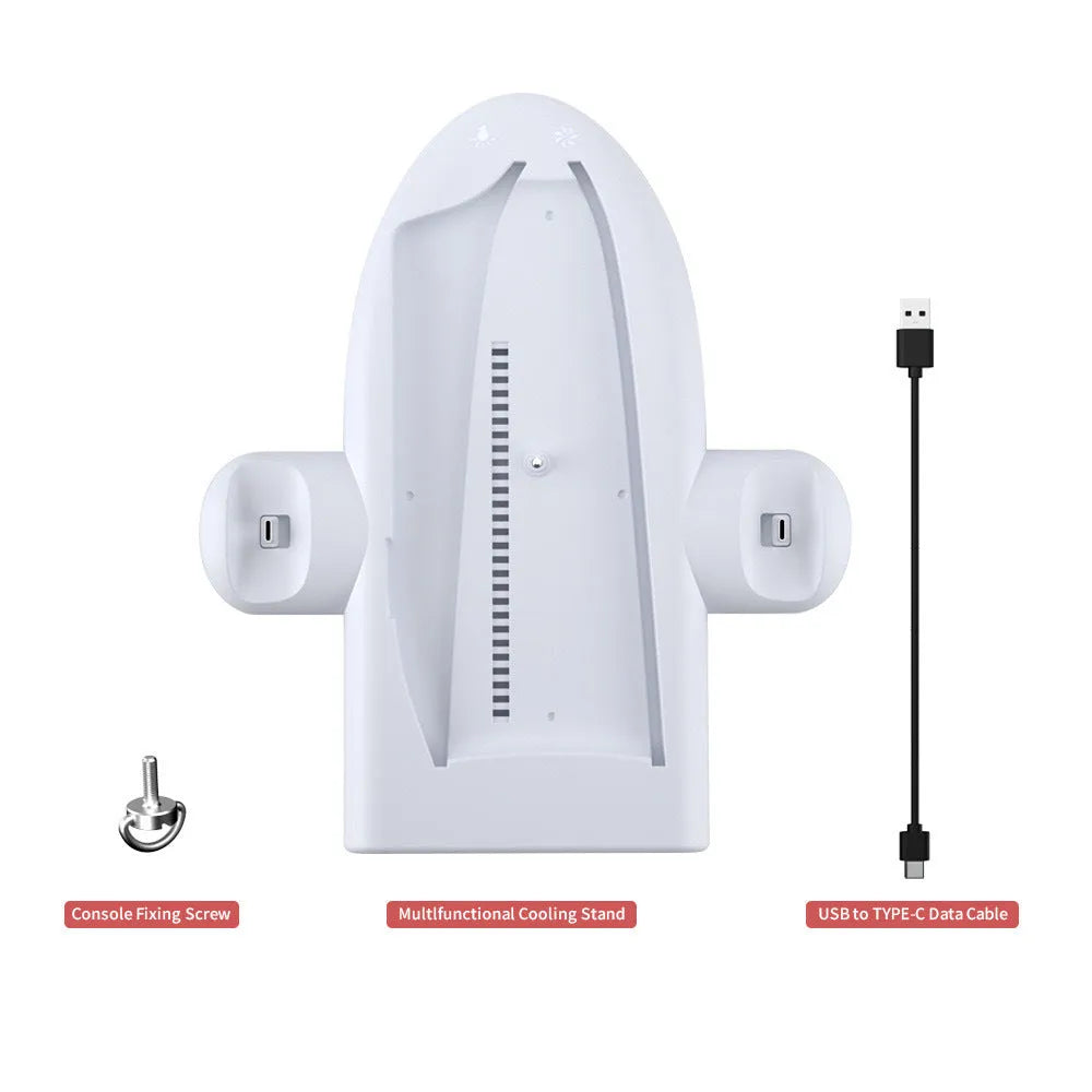 White PS5 Slim multi-function charging base with cooler pad, RGB lights, and charging belt.