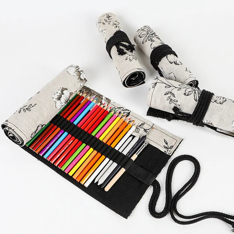 Black Peony printed canvas pencil roll bag open to show 24 or 72 holes for pencils on cotton hemp fabric.