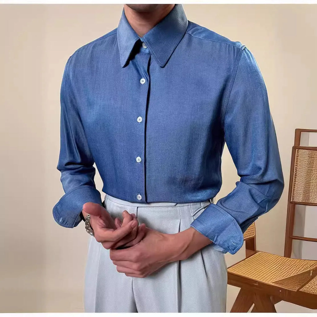 Men's blue round collar long sleeve shirt in slim fit design for casual and business wear