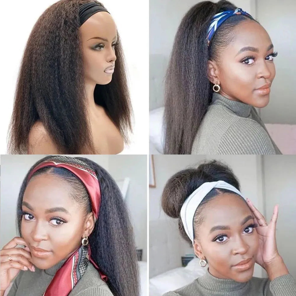 Headband wig made of human hair, kinky straight style, 1B natural colour, available in 8-26 inches.