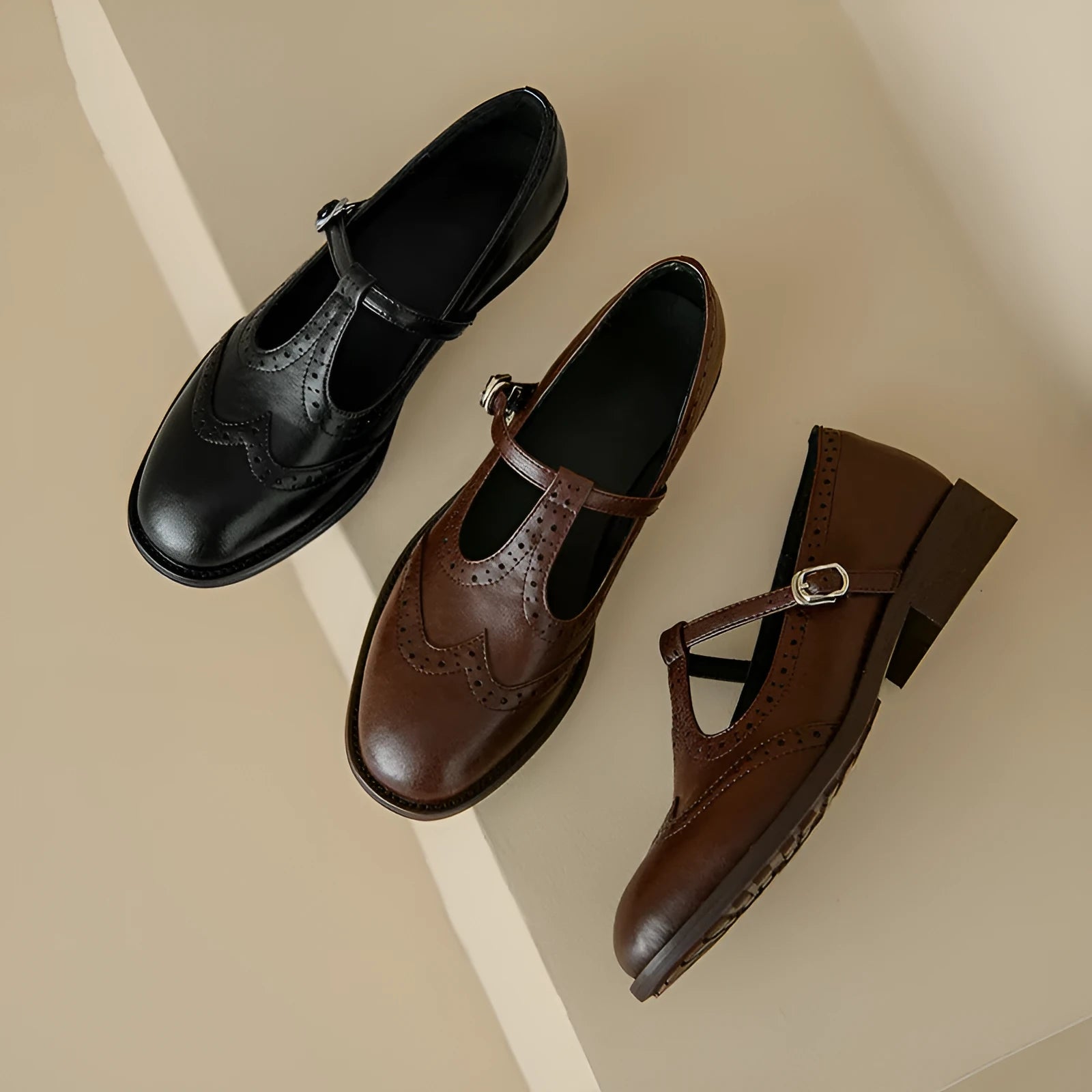 Retro round toe Mary Jane shoes for women, genuine leather upper, T-bar strap, black colour