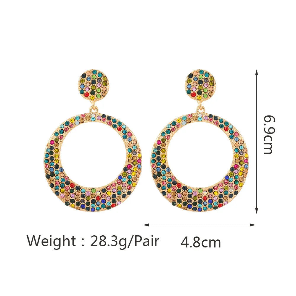 A pair of large colourful alloy pendant earrings with a diamond-shaped round cartoon design.