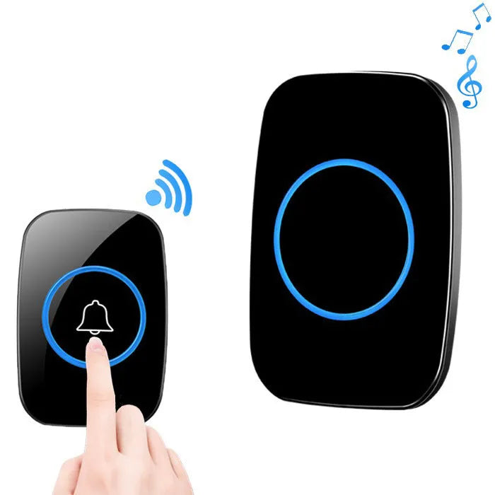 Wireless doorbell set with black receiver and emitter, 300m range, 60 ringtones, mains powered