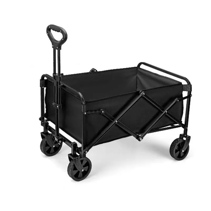 Black outdoor camping trolley with metal frame, 8-inch off-road wheels, and child lying inside, 400kg capacity