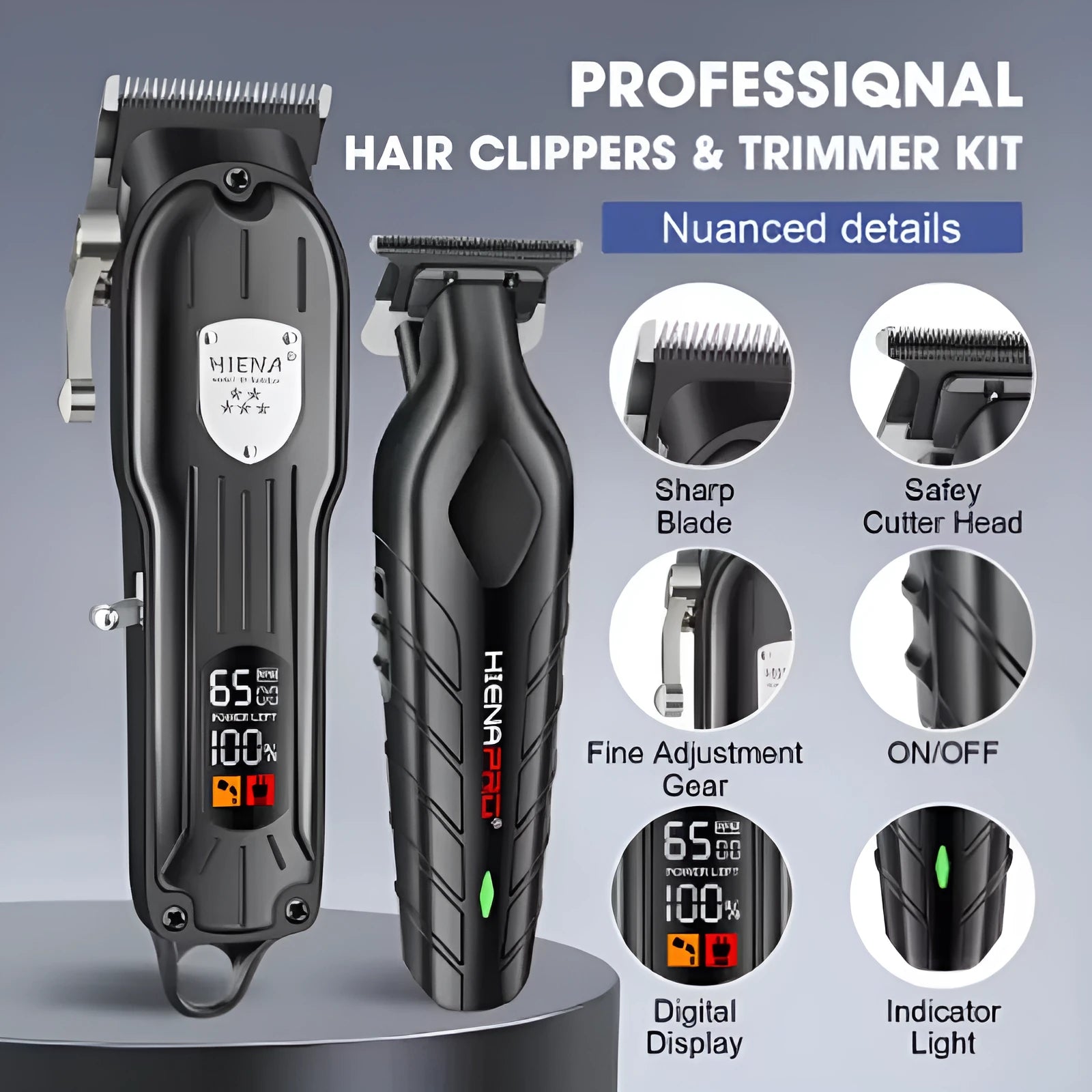 Black professional hair clipper set with USB charging port and LED display showing battery status