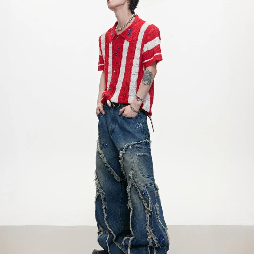 Men's loose fit retro knitted short sleeved shirt with patchwork striped pattern in red colour