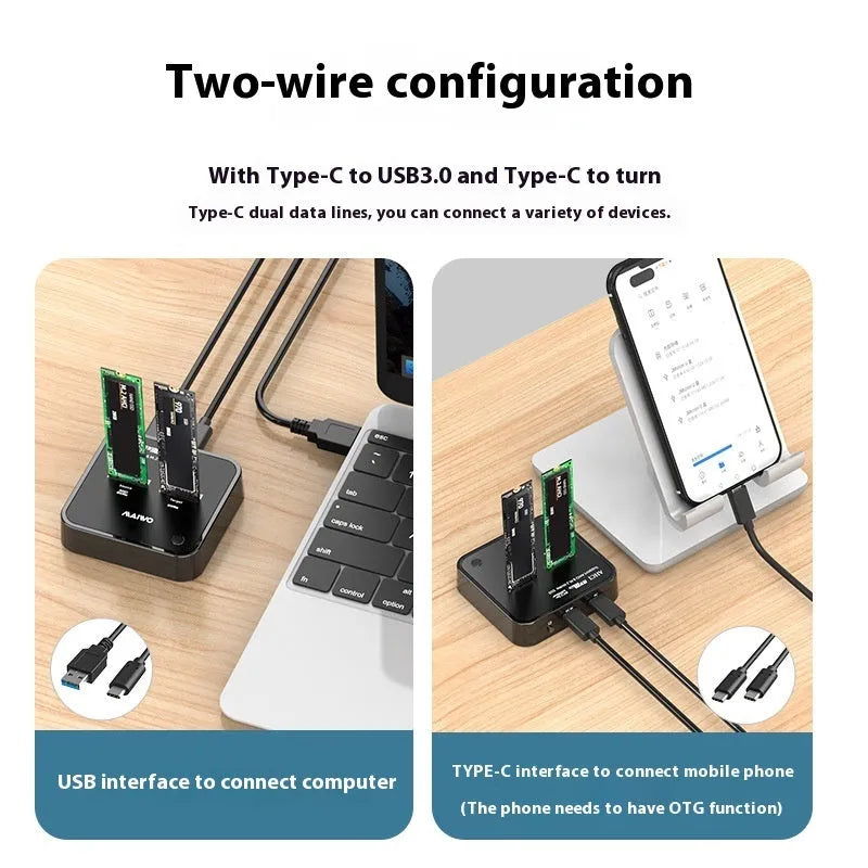 MAIWO K3016 M.2 SSD dock copier unit with data cables and power adapter on a desk.