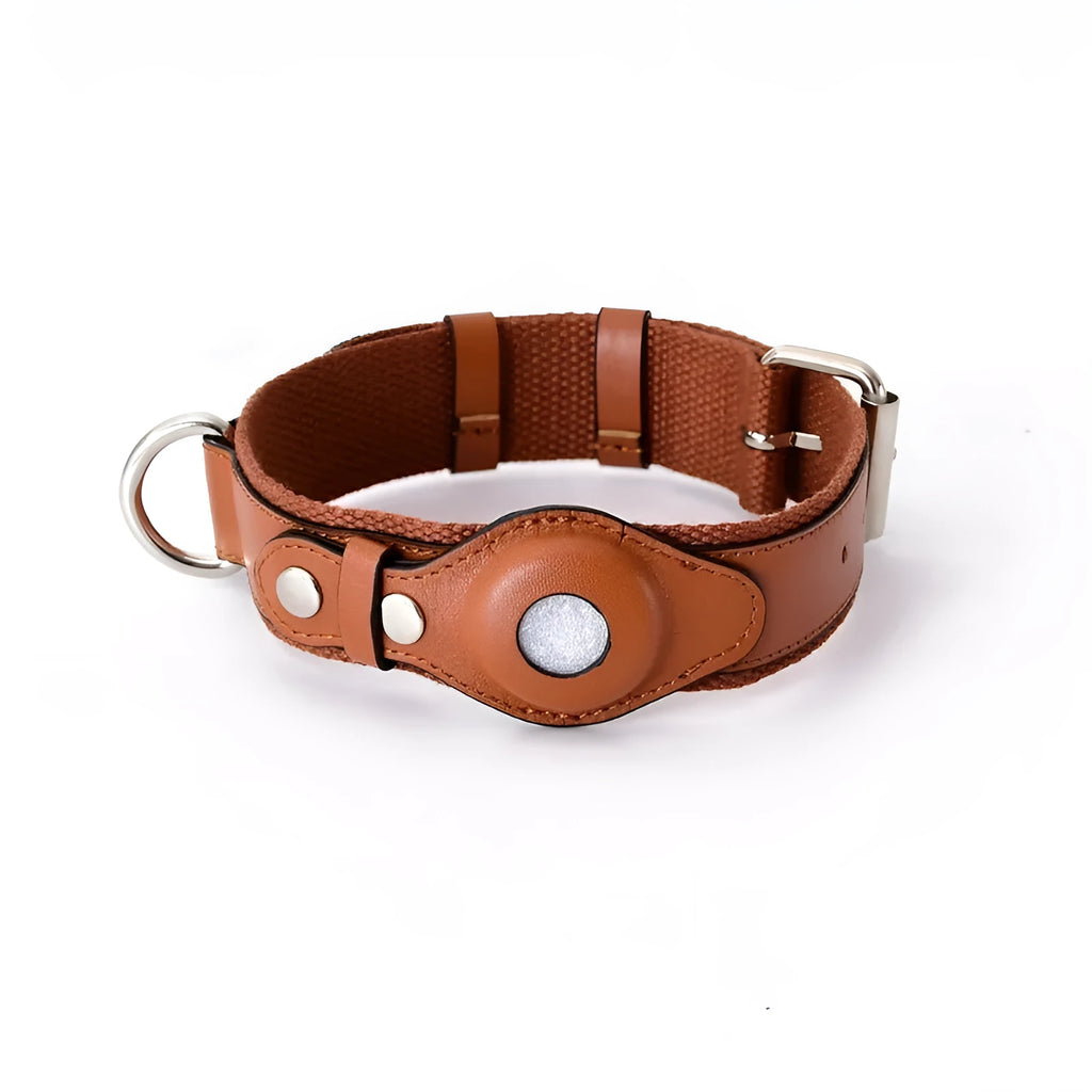 Leather dog collar with AirTag holder in black, adjustable for medium to large dogs