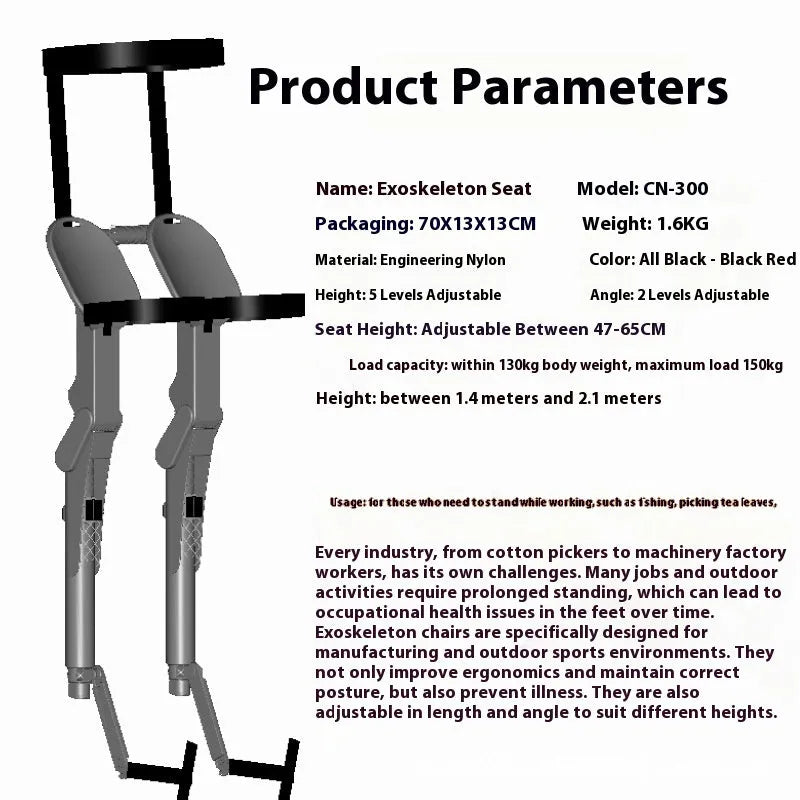 Wearable seat in PA nylon material, CN300 model, all black colour, on outdoor ground