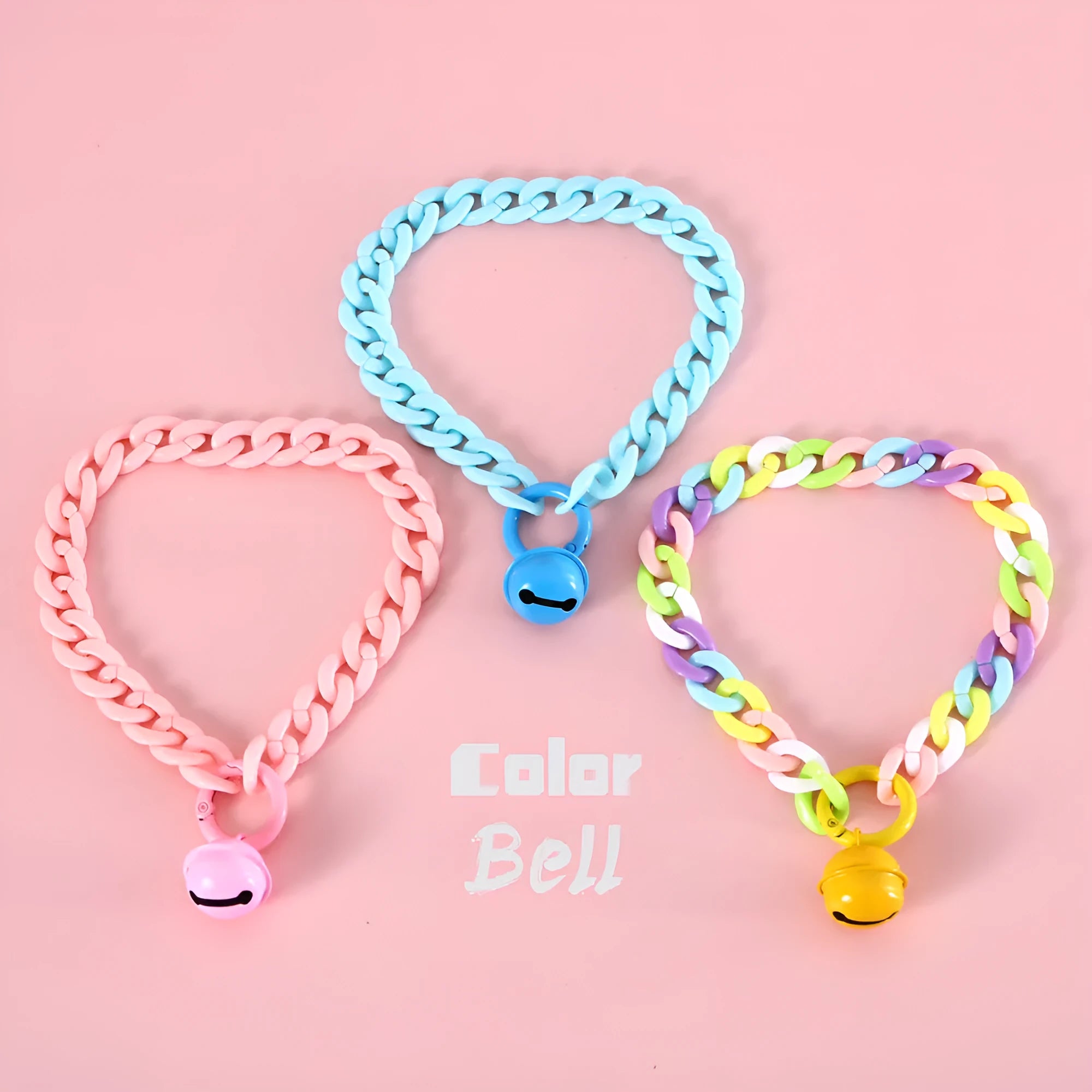 A macaron candy coloured plastic pet collar with chain detailing, shown in blue, pink, and mixed colour options.
