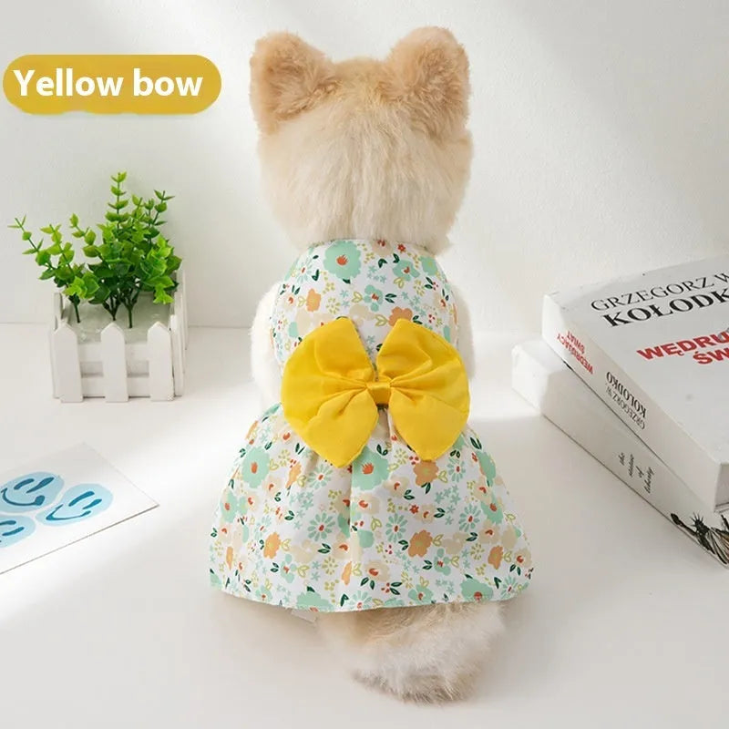 Lightweight pet dress with floral butterfly knot design and colourful bow accent