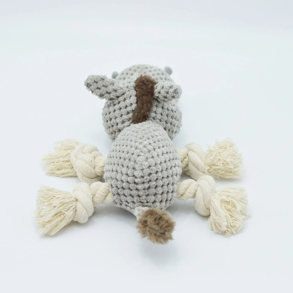 Grey cloth velvet donkey plush dog toy with creaking sound mechanism measuring 27x20x9.5cm