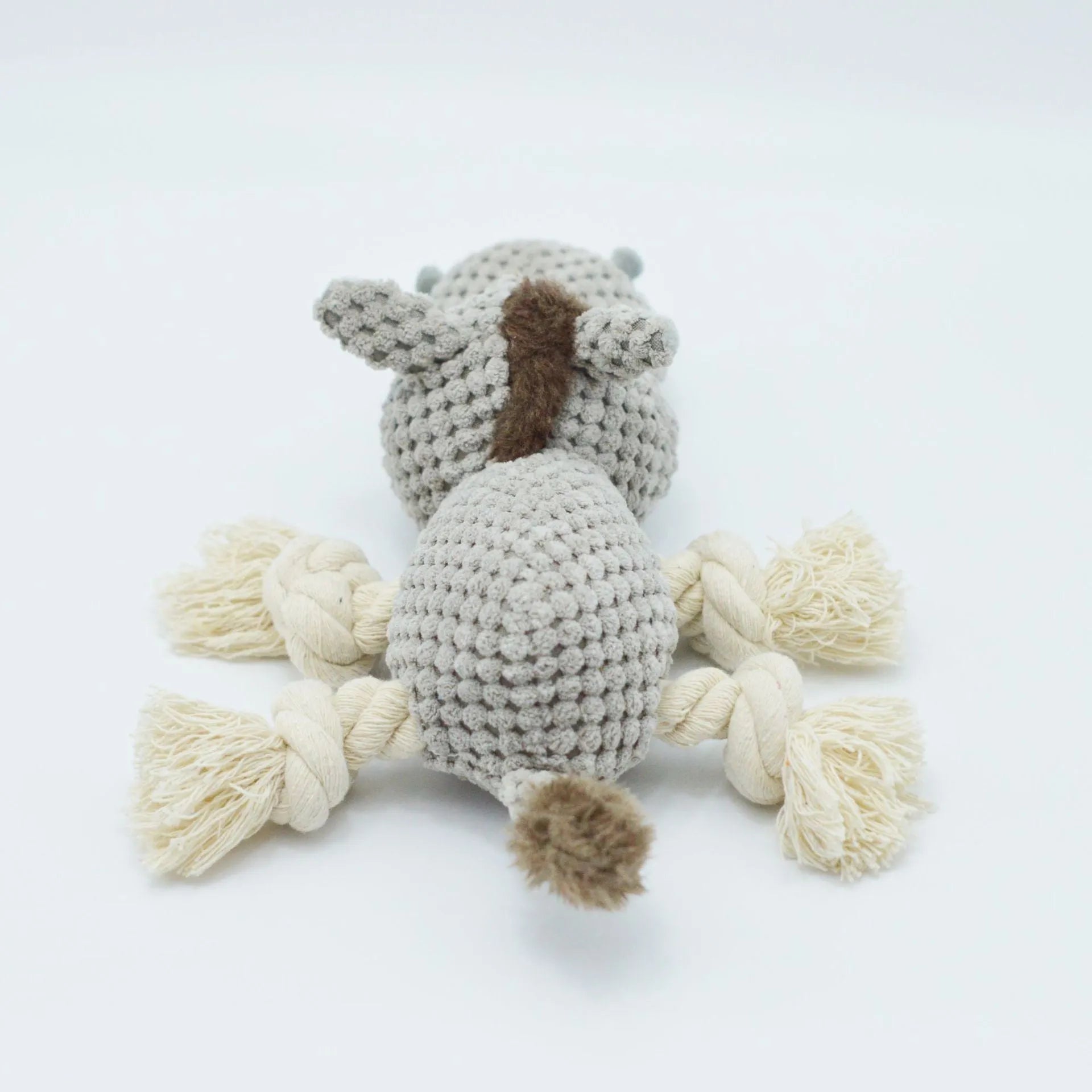 Grey cloth velvet donkey plush dog toy with creaking sound mechanism measuring 27x20x9.5cm