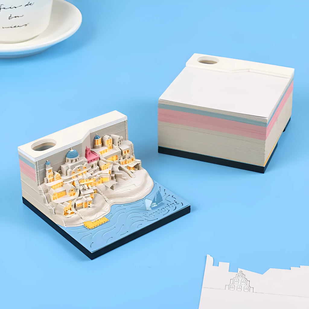 Santoorini 3D paper carving notepad model with LED lights, showing layered beach construction.