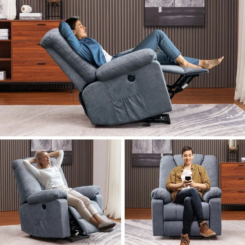 Blue cloth art electric massage recliner with USB port and 8-point vibration massage in a living room