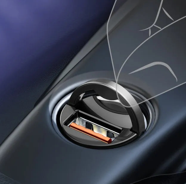 Electro‑optical grey Baseus 30W PPS fast car charger with 1‑metre USB cable.