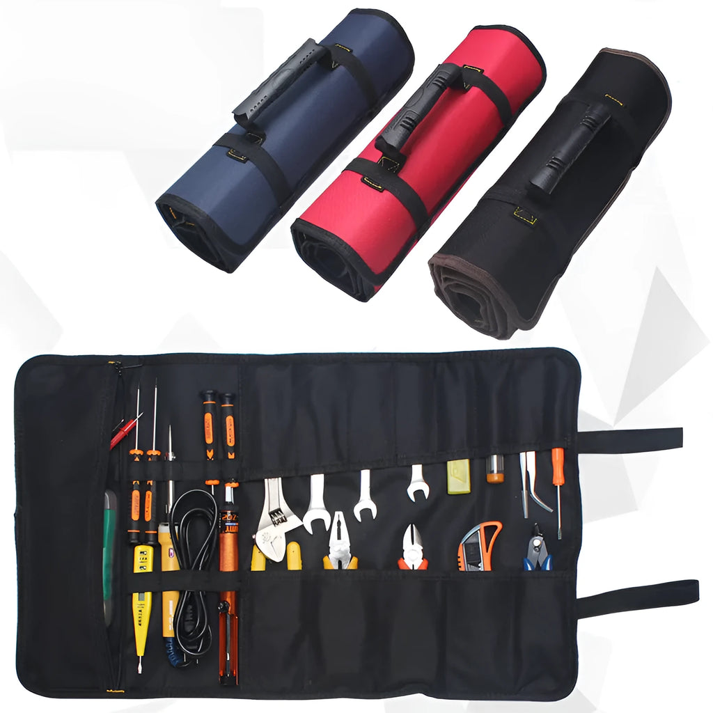A blue thickened Oxford cloth electrician storage bag with tool pockets, shown folded and hanging.