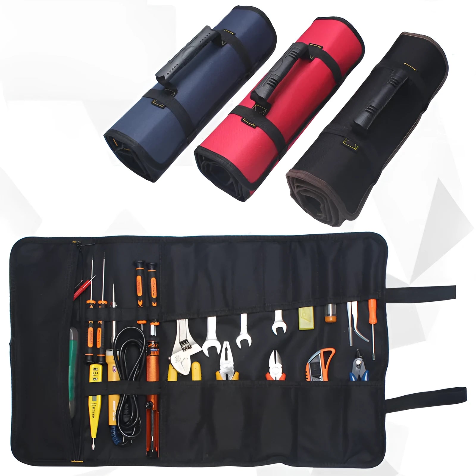A blue thickened Oxford cloth electrician storage bag with tool pockets, shown folded and hanging.