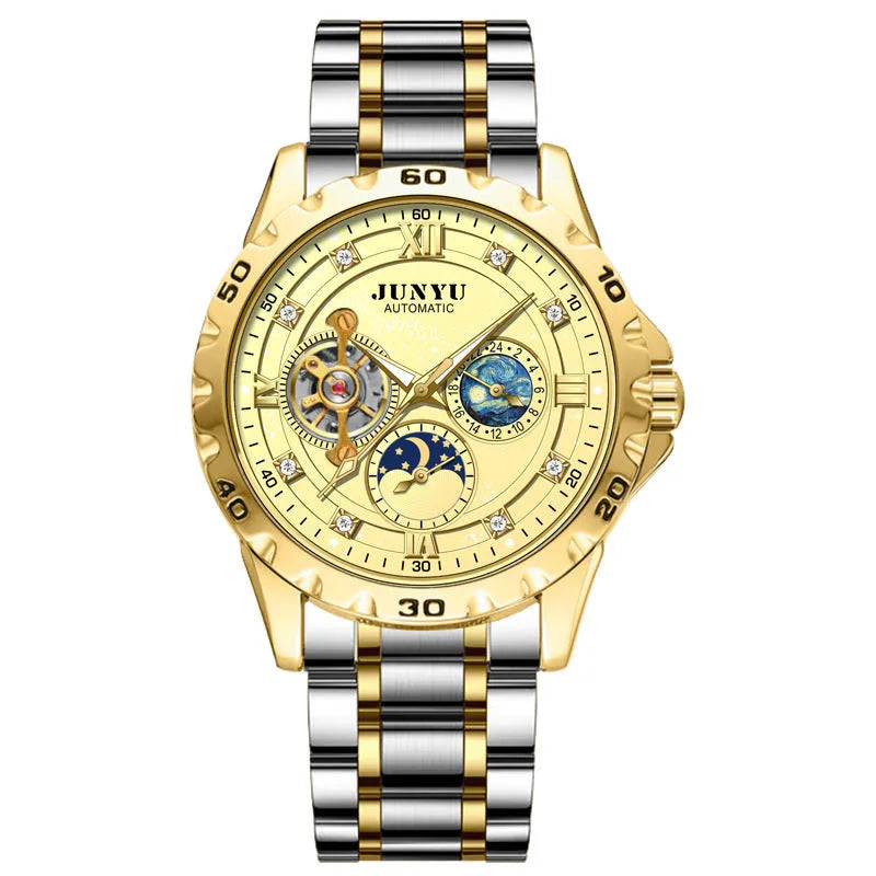 Men's automatic mechanical watch with luminous hands on a wrist, showing silver case and blue face option.
