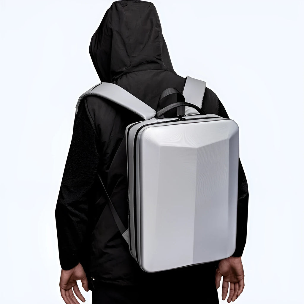Black and silver white waterproof business backpack with Oxford cloth texture and curved shoulder straps.