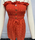 Blue off-shoulder women's jumpsuit with sleeveless design and mid waist on mannequin