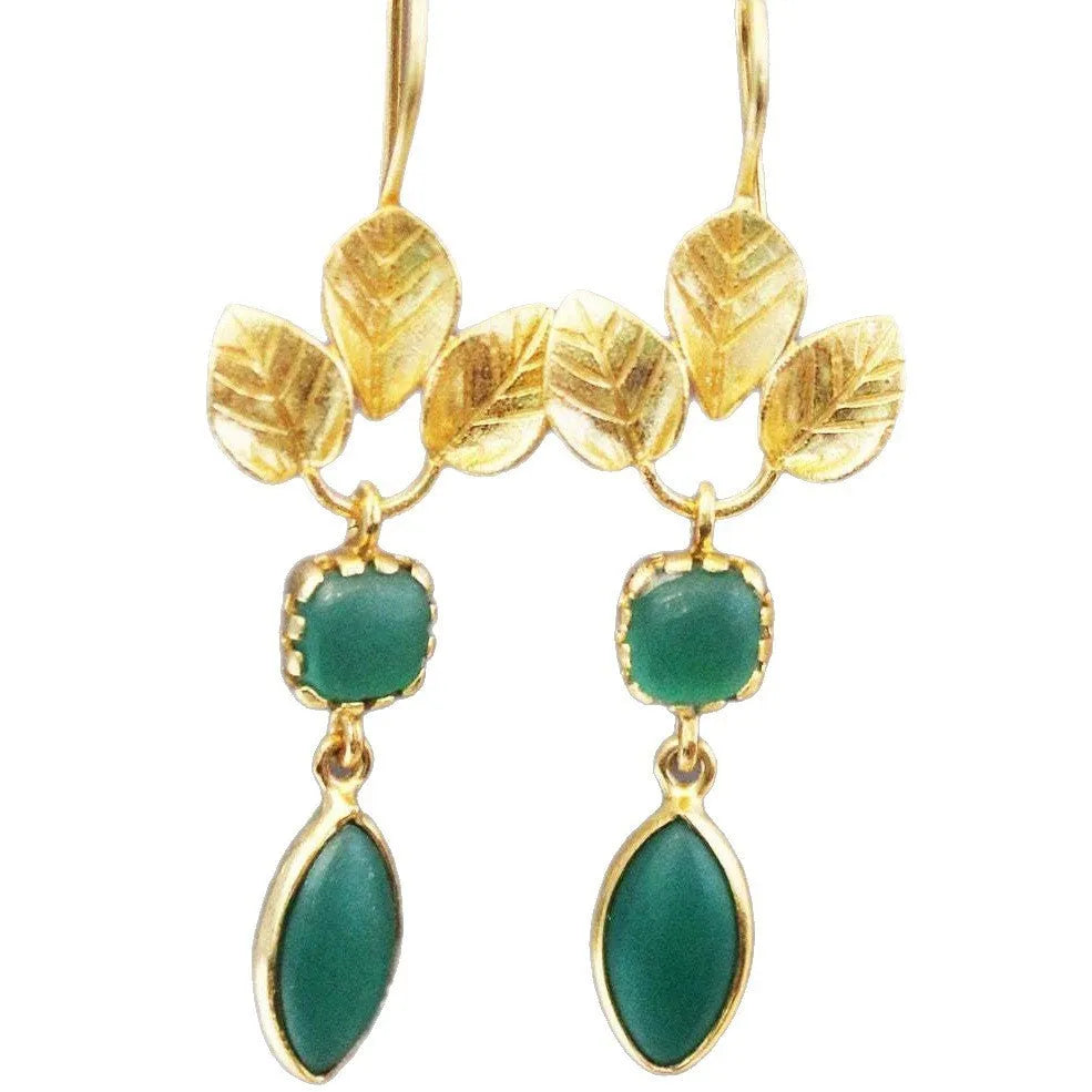 Gold-coloured vintage copper drop earrings with French leaves, tassels, and zircon stone details.