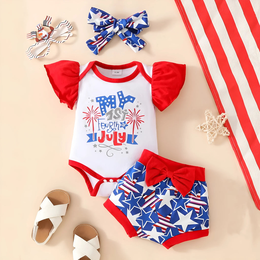 Baby sleeveless shorts suit summer three-piece set in blue with top, shorts and headscarf