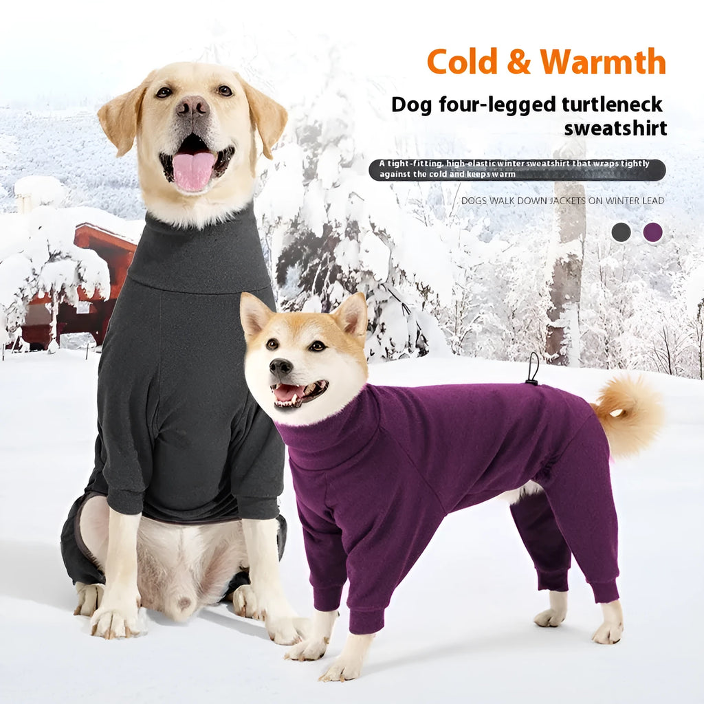 Dark grey polar fleece dog clothes with high collar and four-legged design for winter warmth