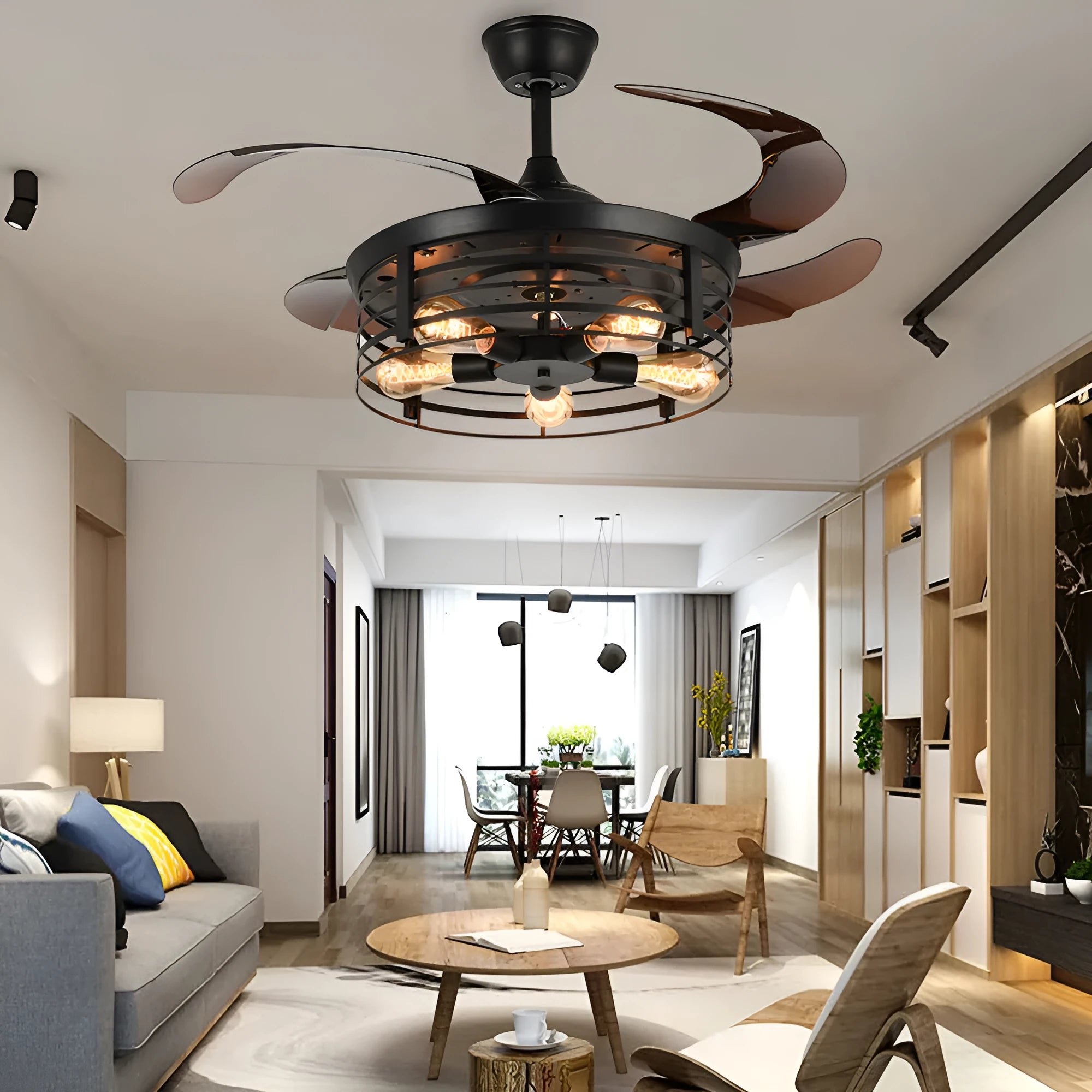 42-inch industrial style ceiling fan light with acrylic shade and remote control on a white background.