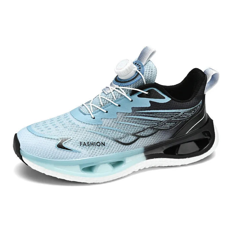 Low-top youth sneaker with rotating button closure in light blue mesh fabric and a non-slip rubber sole.