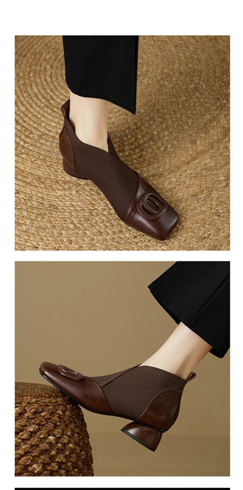 Women's retro chunky heel shoes in black or brown with square toe, 3-5cm medium heel, PU upper and TPR sole.