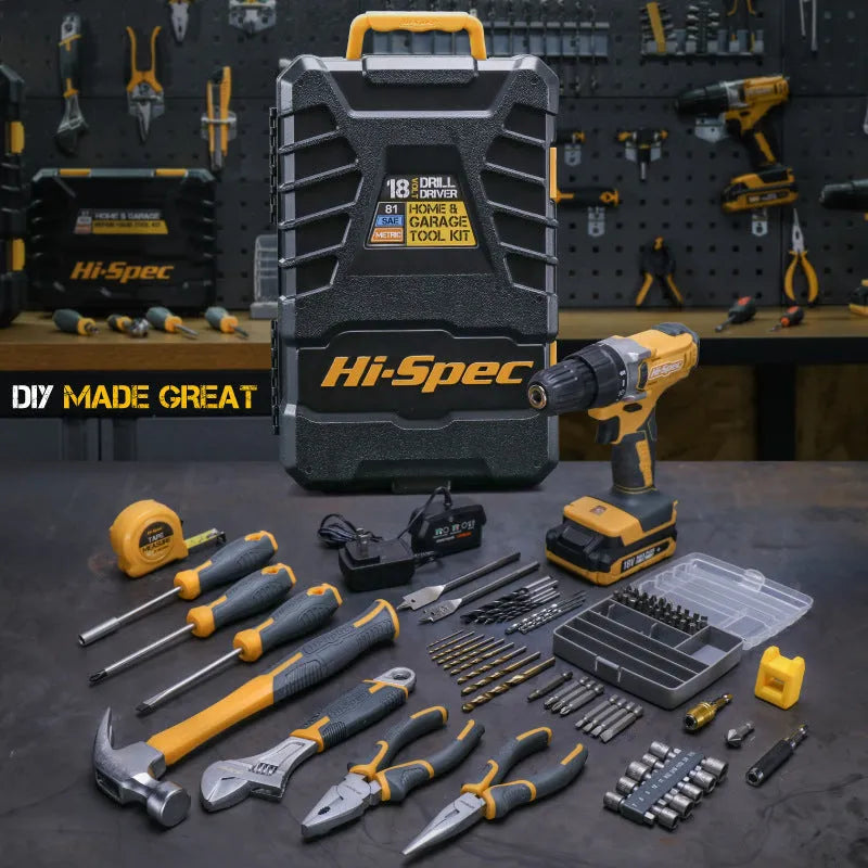 Grey-yellow 82-piece chrome-vanadium steel tool kit for furniture installation and home repair.