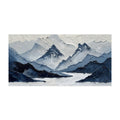 Hand painted modern mountain landscape oil painting in navy blue and white on canvas