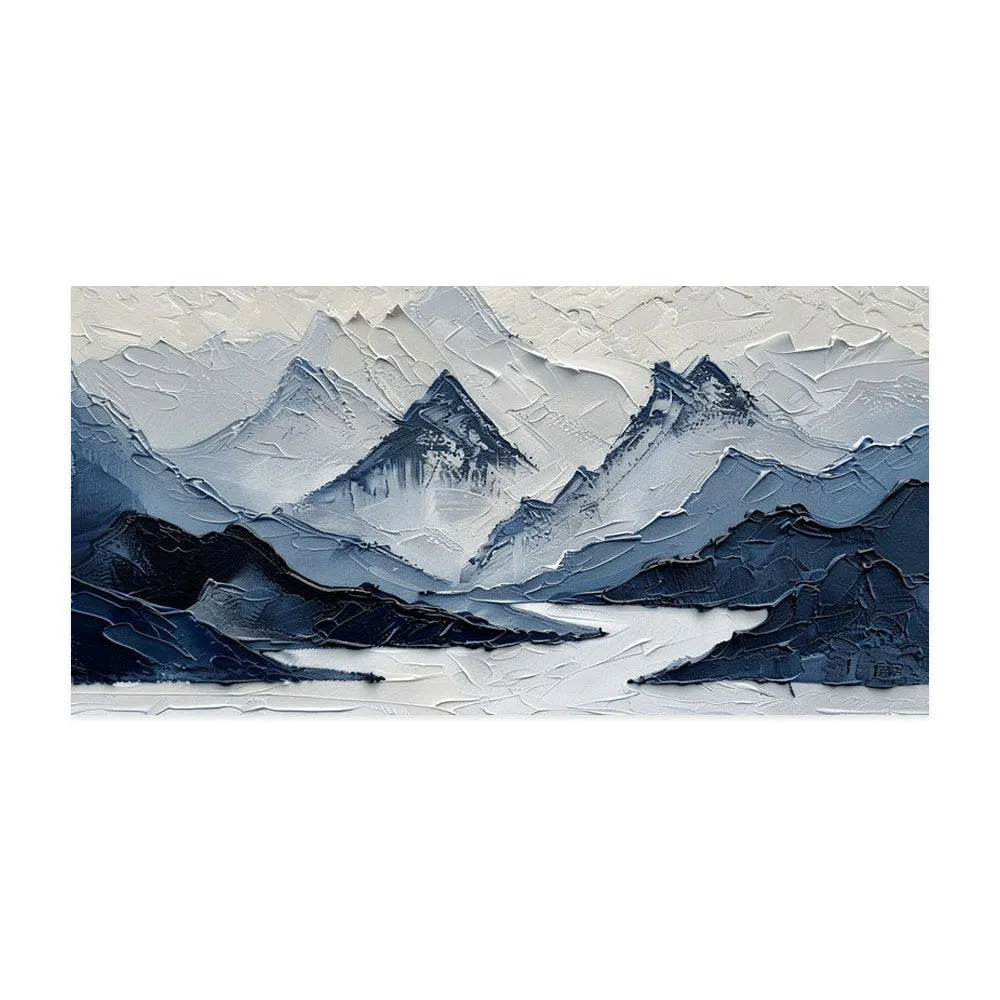 Hand painted modern mountain landscape oil painting in navy blue and white on canvas